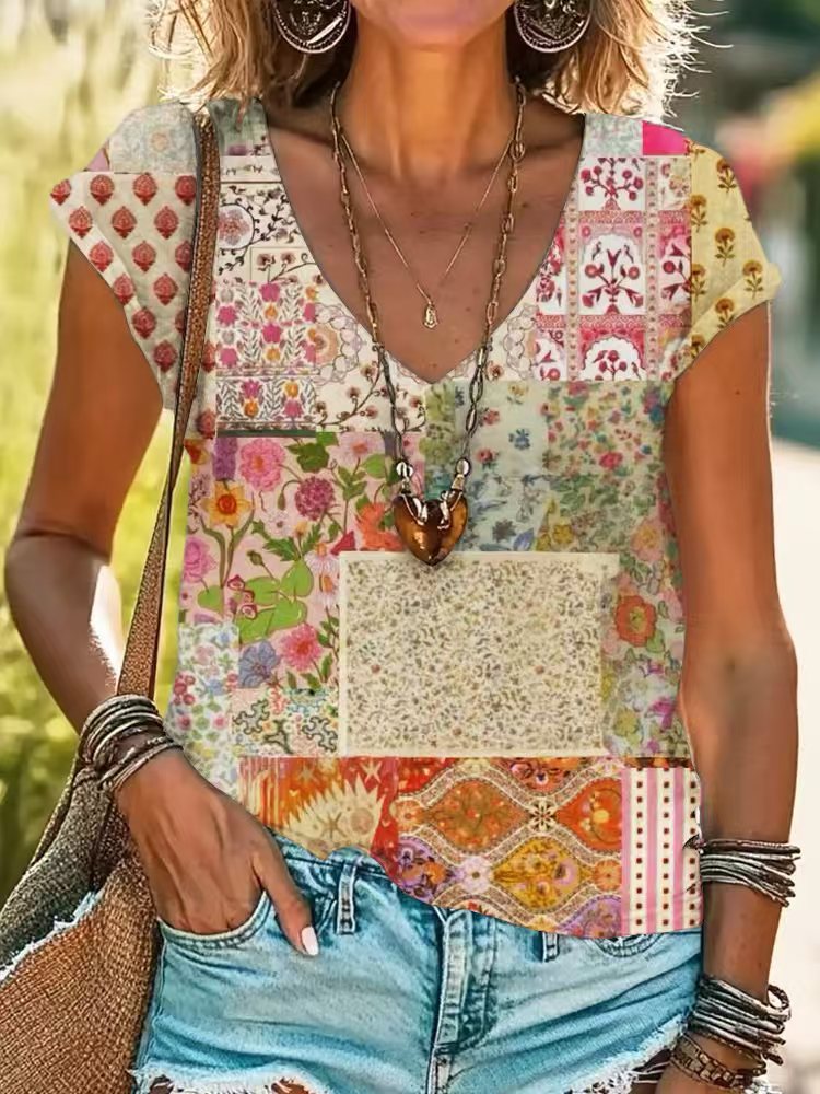 Casual Loose Fashion Digital Printing Multi-color Short Sleeve Women