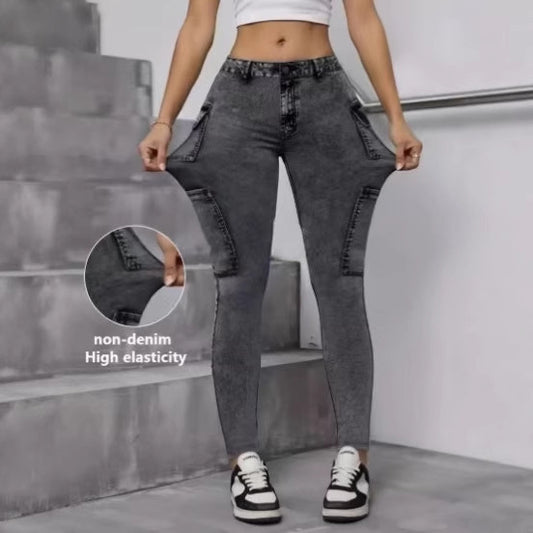 Elegant Touch Wash Jeans With Multi-stretch Fabric And Digital Denim-look Print