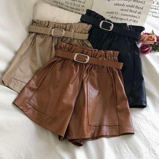 Double Pocket Solid Color A-Line PU Leather Pants With Belt