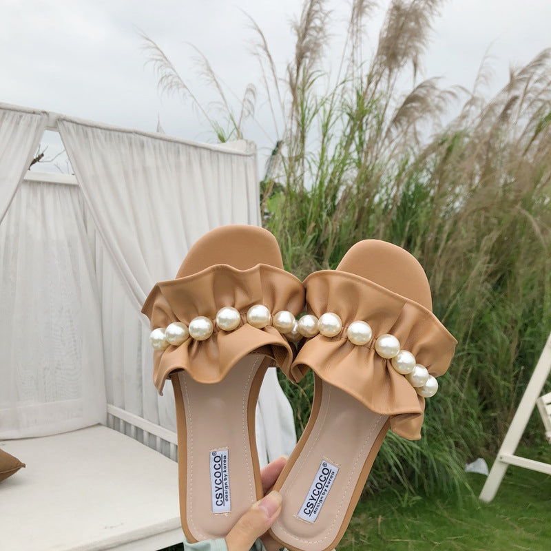 Pure color summer ruffled flat pearl slippers