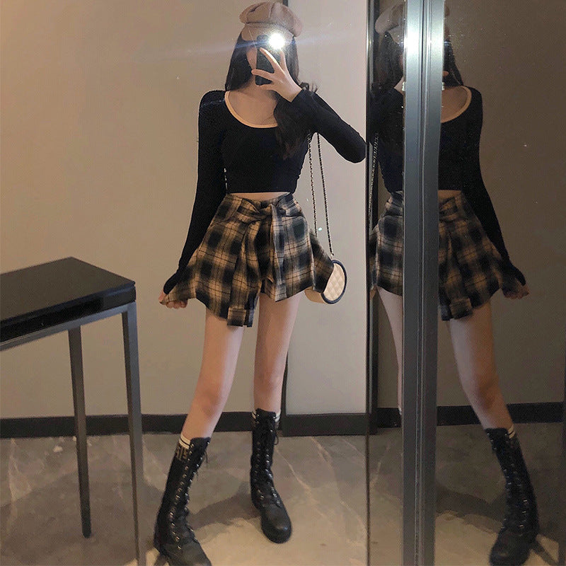 High waist plaid irregular shorts