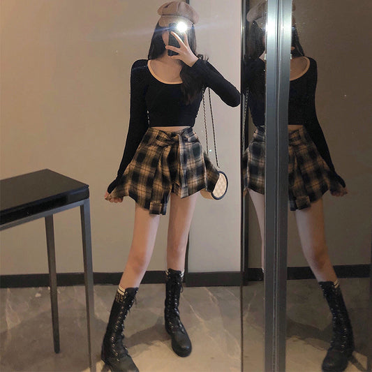 High waist plaid irregular shorts