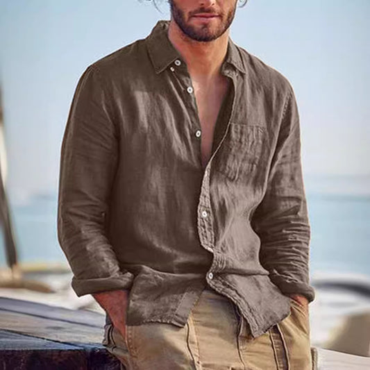 Summer Stand Collar Cotton And Linen Casual Solid Color Shirt