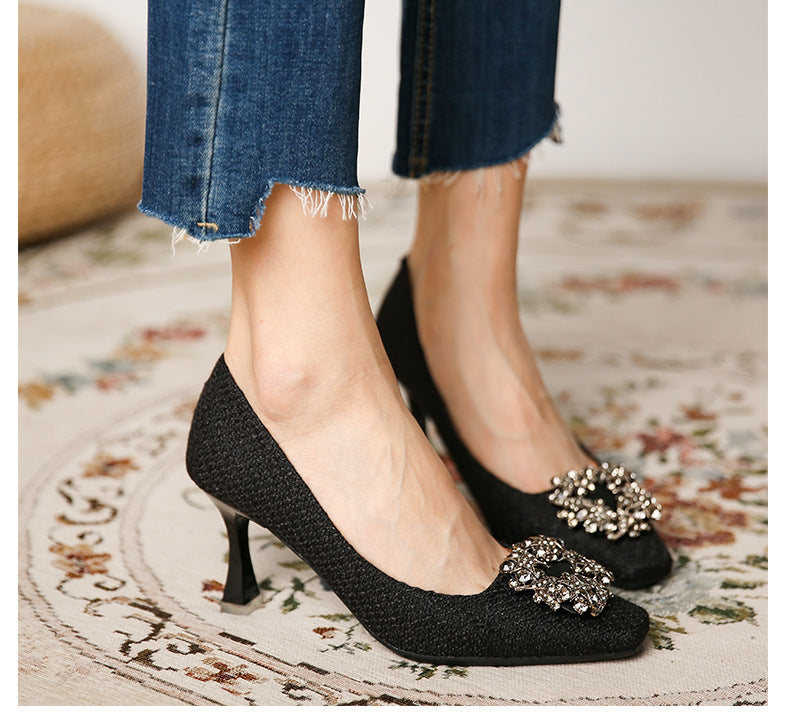 Metal Square Button Square Head High Heels