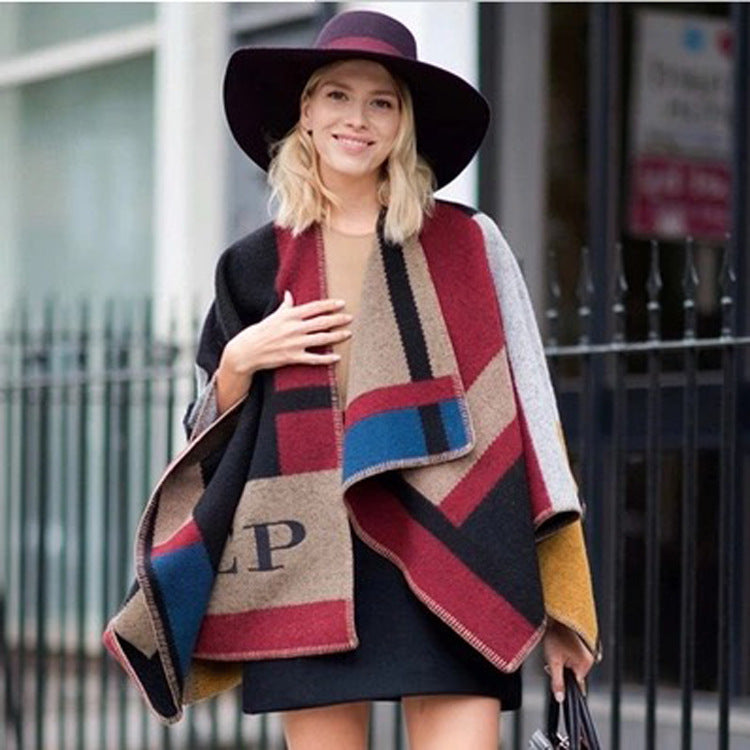 Color big color block cashmere wool shawl cloak