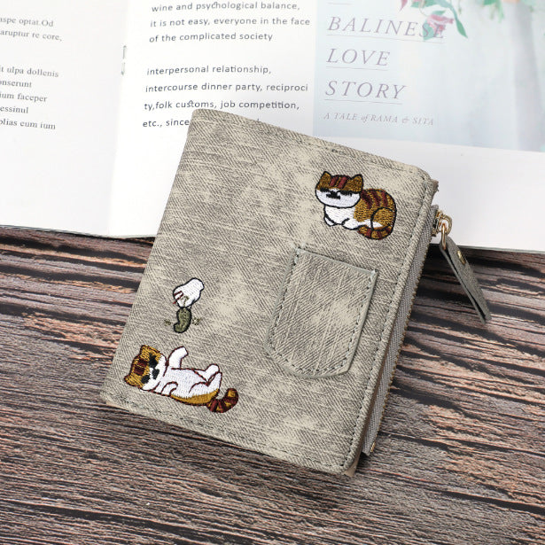 Jeans Style Wallet Cat Embroidered Canvas Large-capacity Wallet
