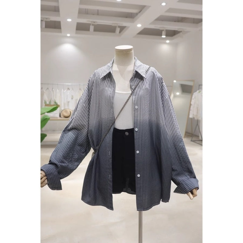 Gradient Color Autumn New Loose Casual Striped Long-sleeved Shirt For Women