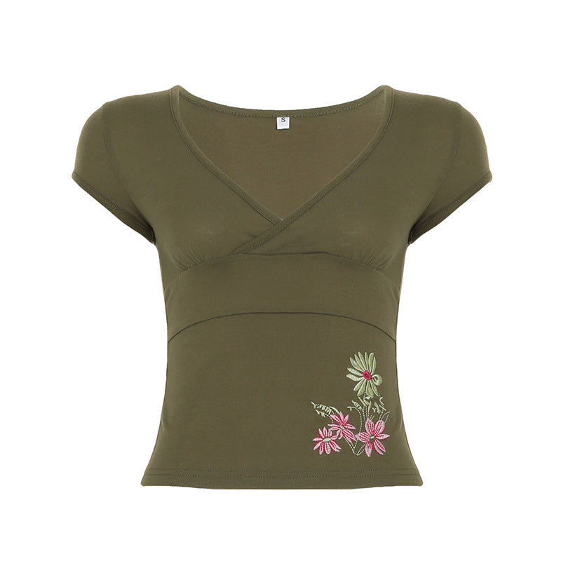 Printed V-neck Slim Fit Slimming Retro Basic Short Sleeve Top