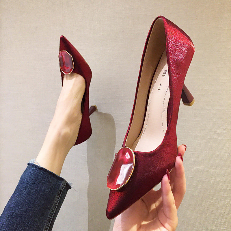All-match Mid-heel Pointed Shallow Mouth Silk Women's Shoes