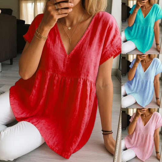 Women's Casual Loose-Fit Fashion Cotton-Linen Short-Sleeve Top