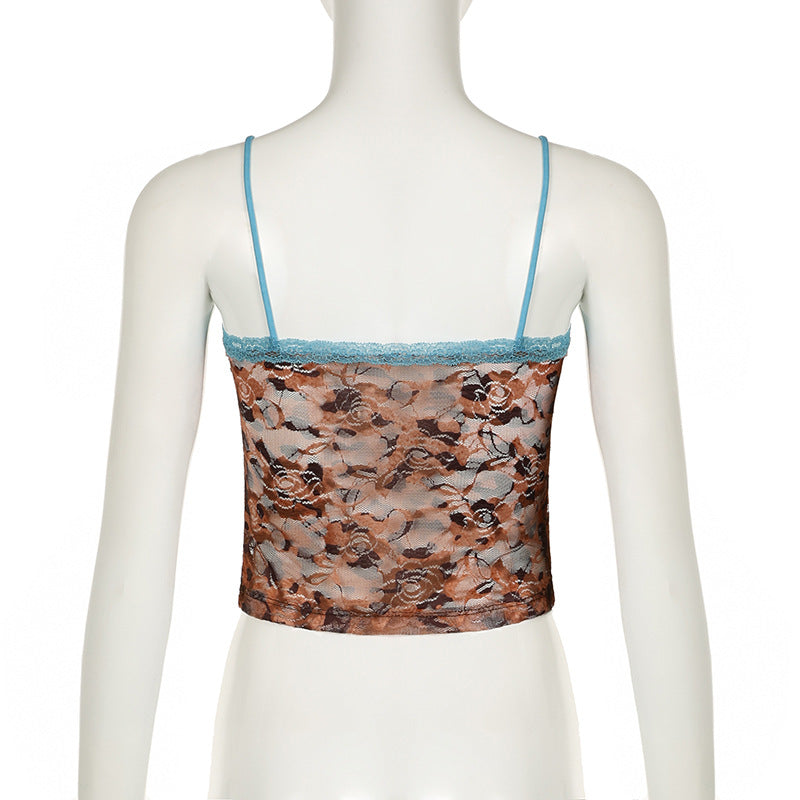 Printed Contrast Color Lace Low Collar Camisole