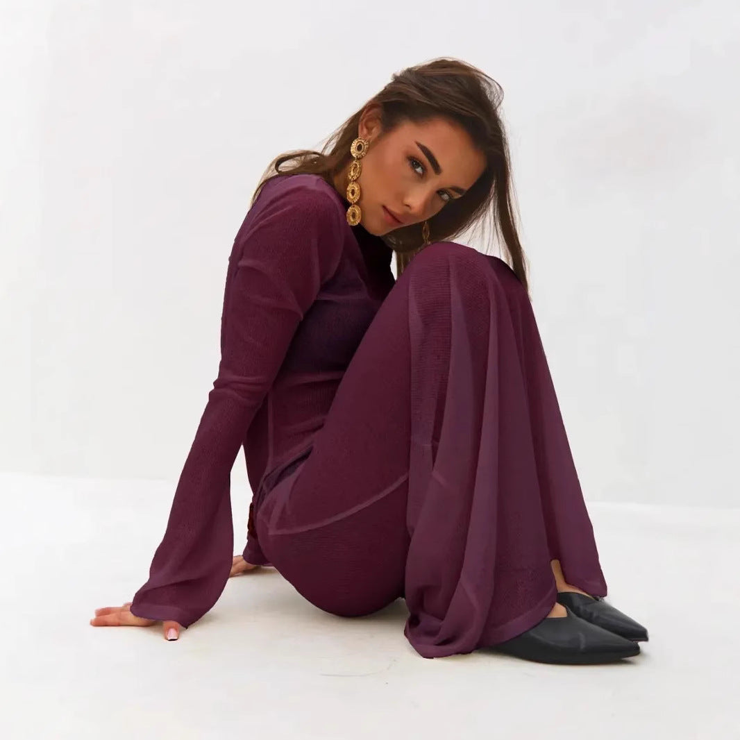 Long Sleeve Solid Color Round Neck Beach Dress