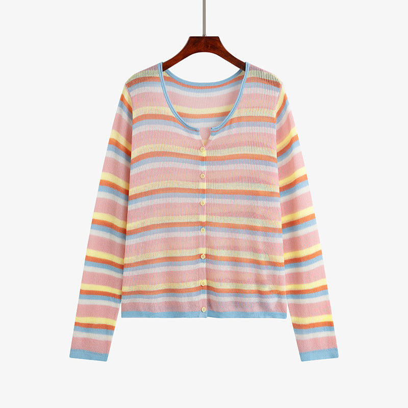 Plus Size Round Neck Color Striped Shirt Women's Thin Top
