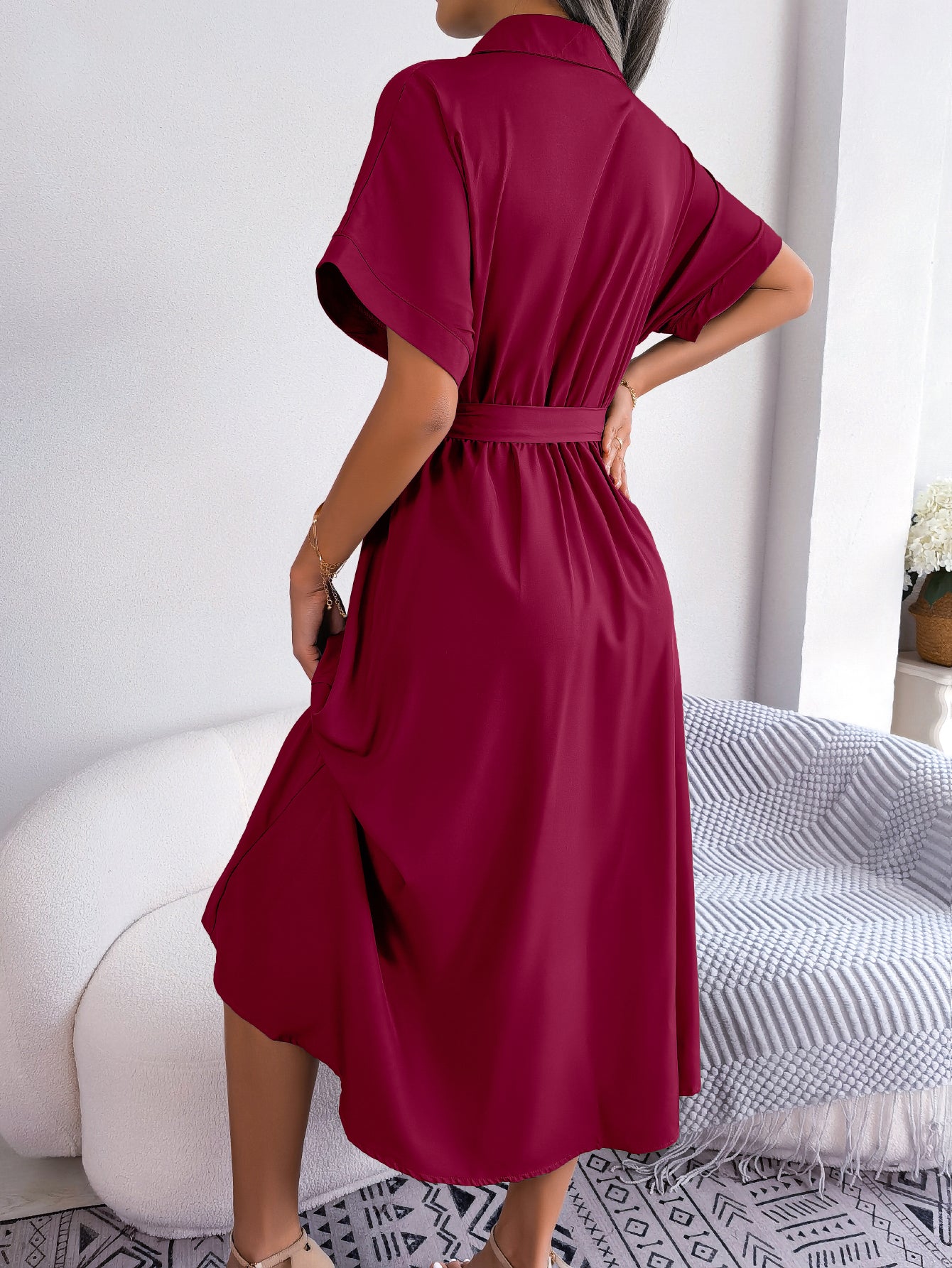 Women  Casual Loose Solid Color Tie Waist Shirt Maxi Dress