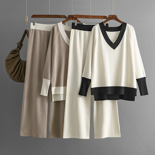 Women's V-collar Contrast Color Knitted Loose Wide-leg Pants Two-piece Set