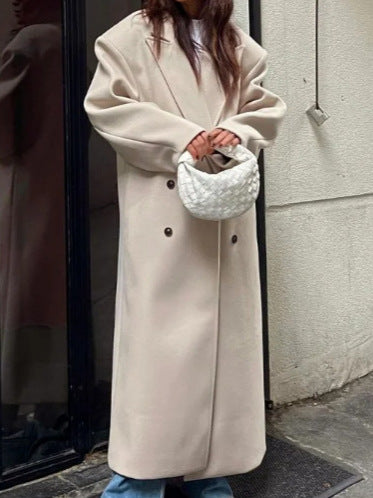 Long Wool Coat With A Business Suit-style Collar For Commuting