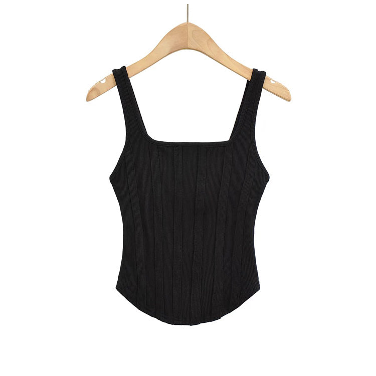 Slim Fit Striped Square Neck Solid Color Sleeveless Tank Top