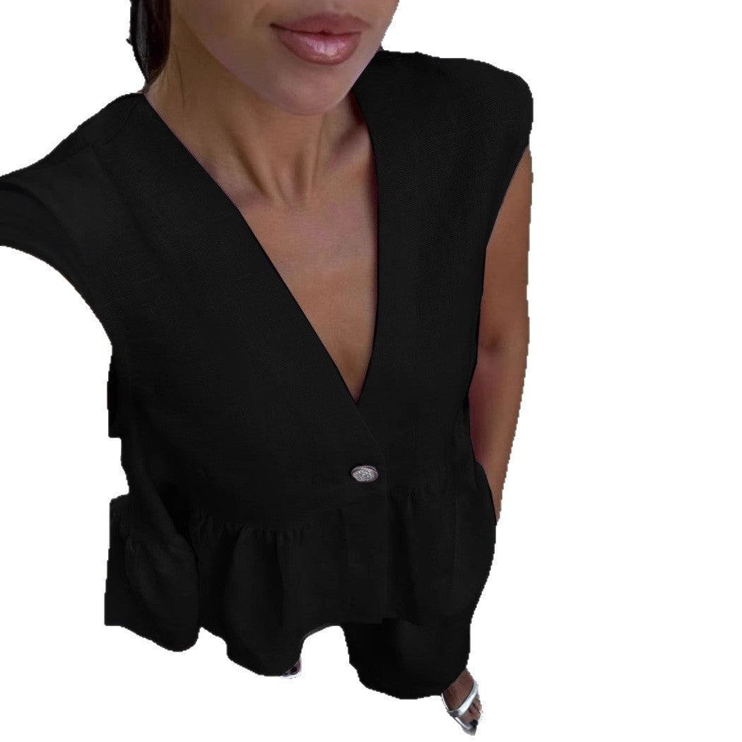 Womens Cotton V-Neck Sleeveless Vest And Wide-Leg Pants Set