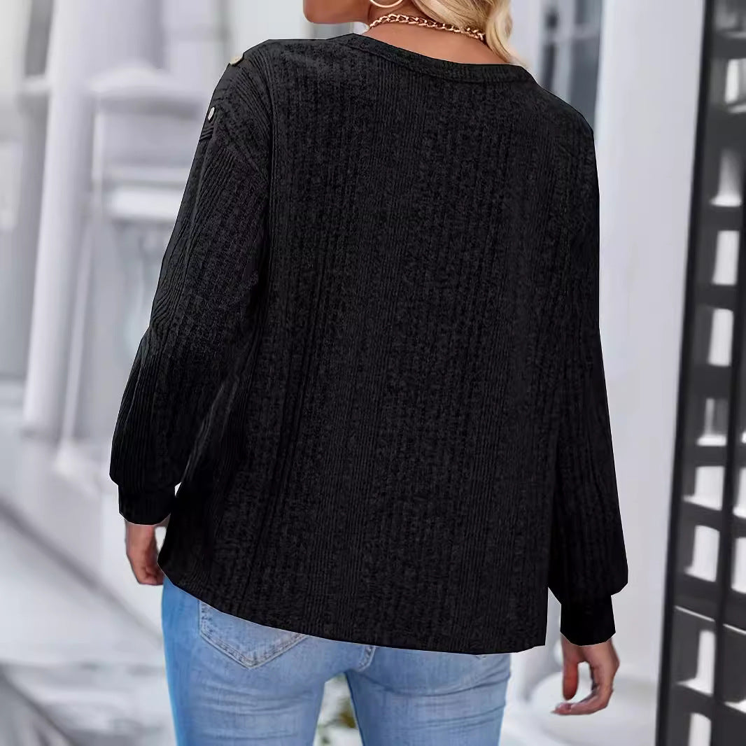 Solid Color Round Neck Fastener Decorative Long Sleeve Top