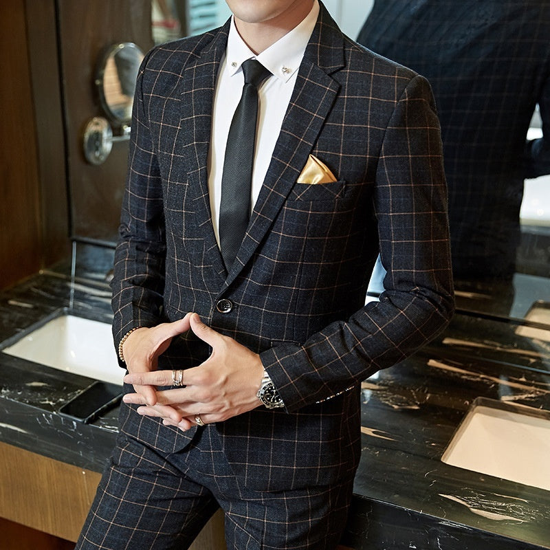 Men's Korean-style Business Suit Slim-fit Plaid Casual Wear