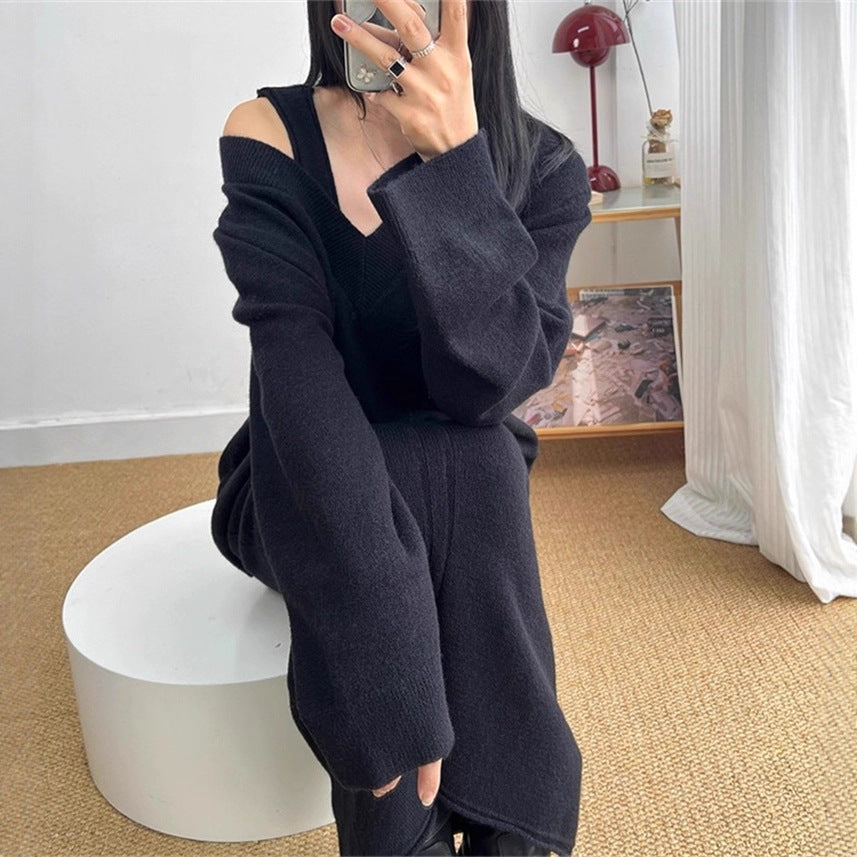 Vest Suspender Skirt Long Simple Style Autumn And Winter Set