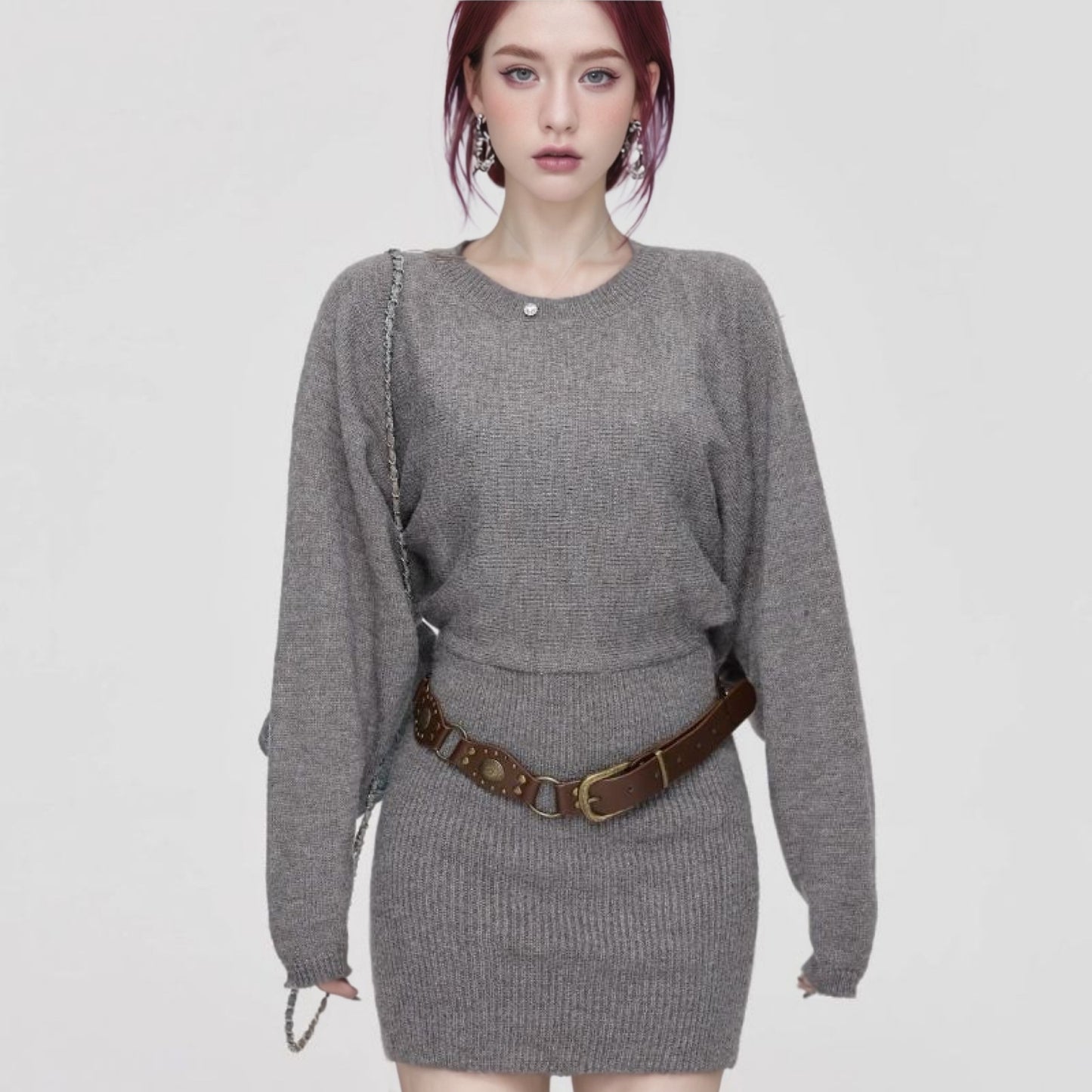 Womens Cinched Sheath-Fit Pure-Desire Knitted Sweater Dress For Layering