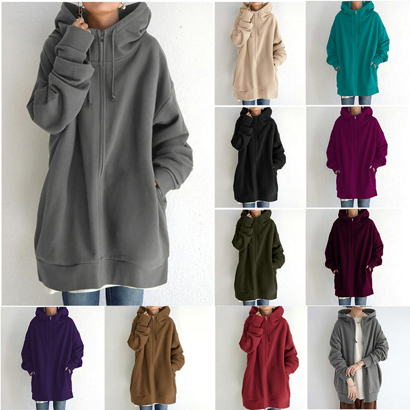 New Stylish Streetwear Long Fleece-lined Hoodie With A Zipper And Hood