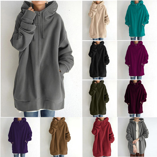 New Stylish Streetwear Long Fleece-lined Hoodie With A Zipper And Hood