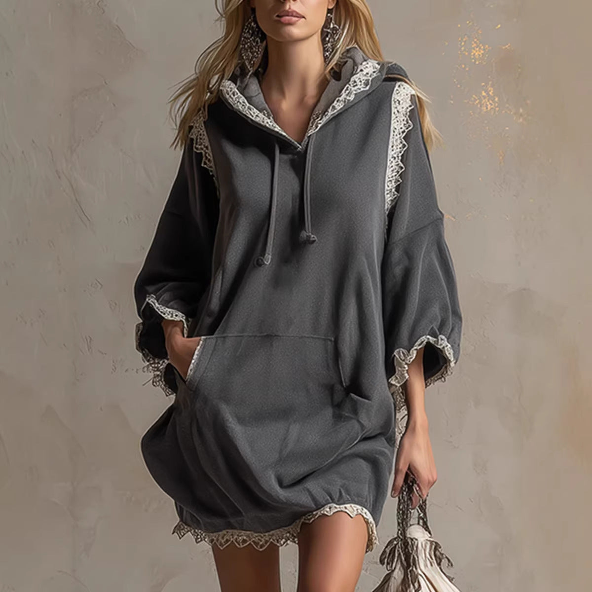 Casual Western-style Lace Patchwork Hooded Dress