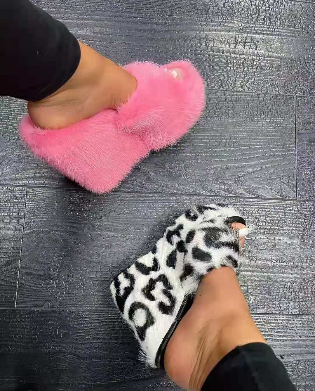 Mink Fur Slippers Platform Wedge Heel Fashion Outdoor Women's Shoes