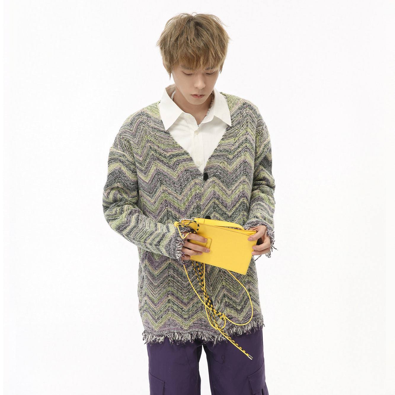 Retro Contrast Color Sweater Wave Striped Knitted Cardigan Jacket