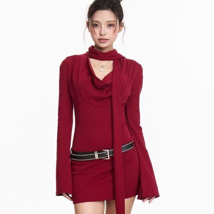 Long Sleeve Dress Figure Hugging Tight Fitting With A Cinched Waist And A Sheath Silhouette