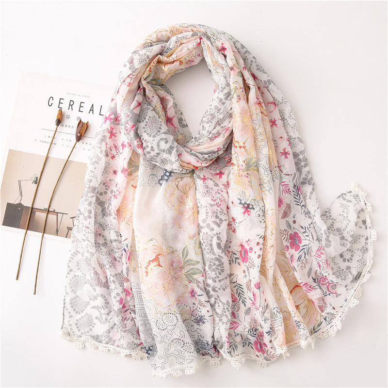 Women's Thin Cotton Feel Floral Lace Scarf