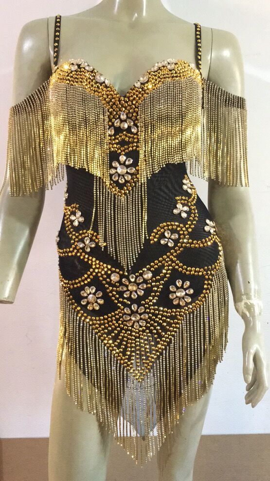 Catwalk Rhinestone Fringed Mesh Stretch Thin Latin Dance One-piece