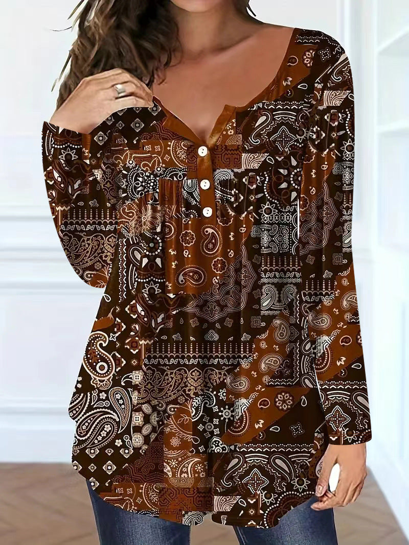 Paisley Mønster Elegant Løs Knap V-hals Top Dame T-shirt