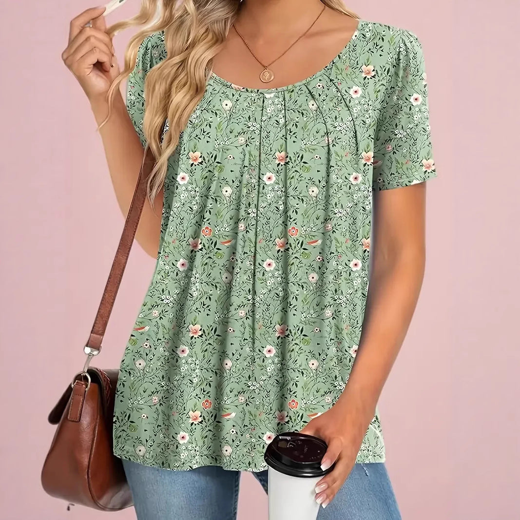 Summer Floral Round Neck Top Short Sleeve