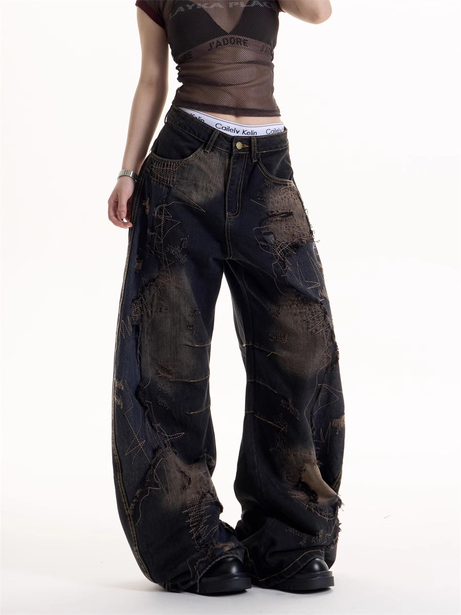 American Retro Hot Girl Wind Black Tie-dyed Ripped Jeans