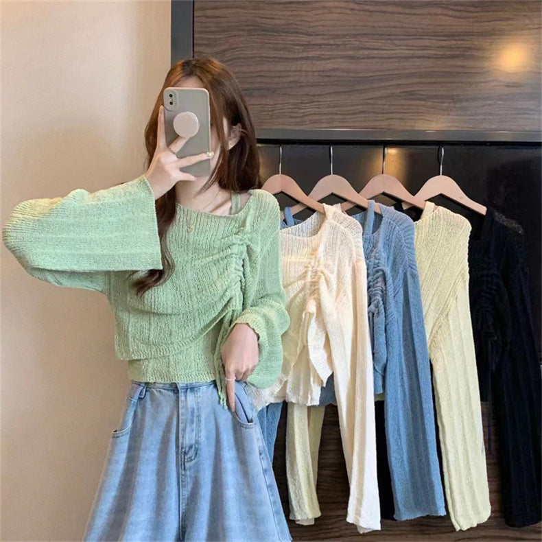 Knitwear High-grade Short Off-shoulder Long-sleeved Top Two-piece Set