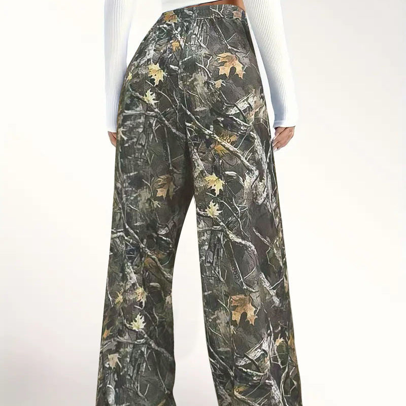Women's Casual Waist-cinching Camouflage Print Straight-leg Pants