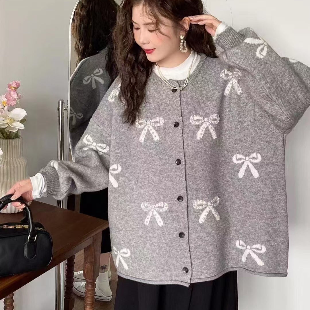 Sløjfestrikket Sweaterjakke til Kvinder Løst Design Cardigan Top Afslappet Stil