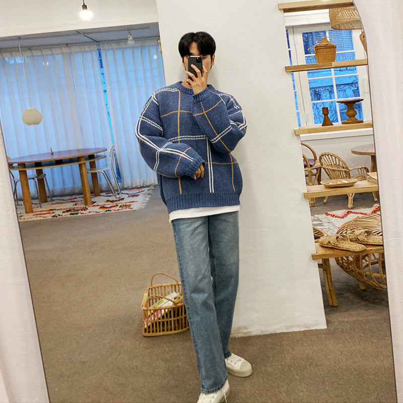 Men's Loose Blue Thickened Round Neck Knitted Bottoming Shirt