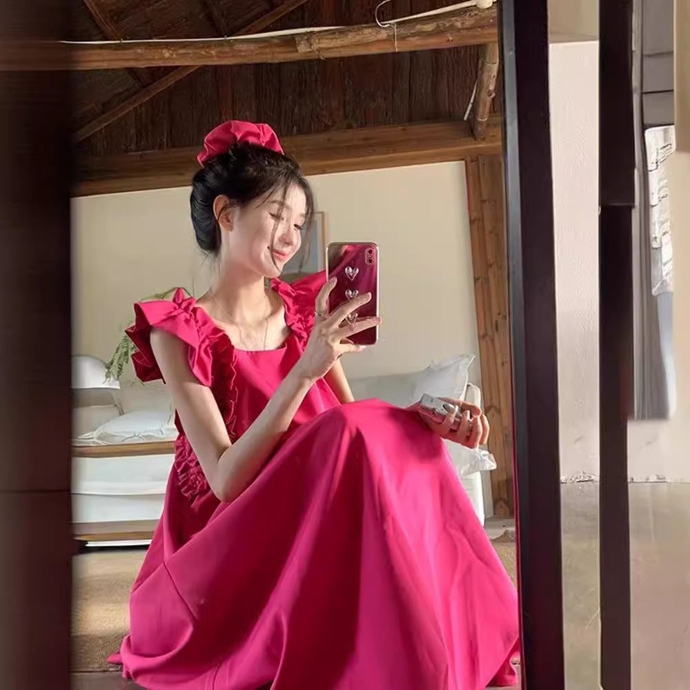 Womens Solid-Color Square-Neck Ruffle-Trim Cap-Sleeve Dress