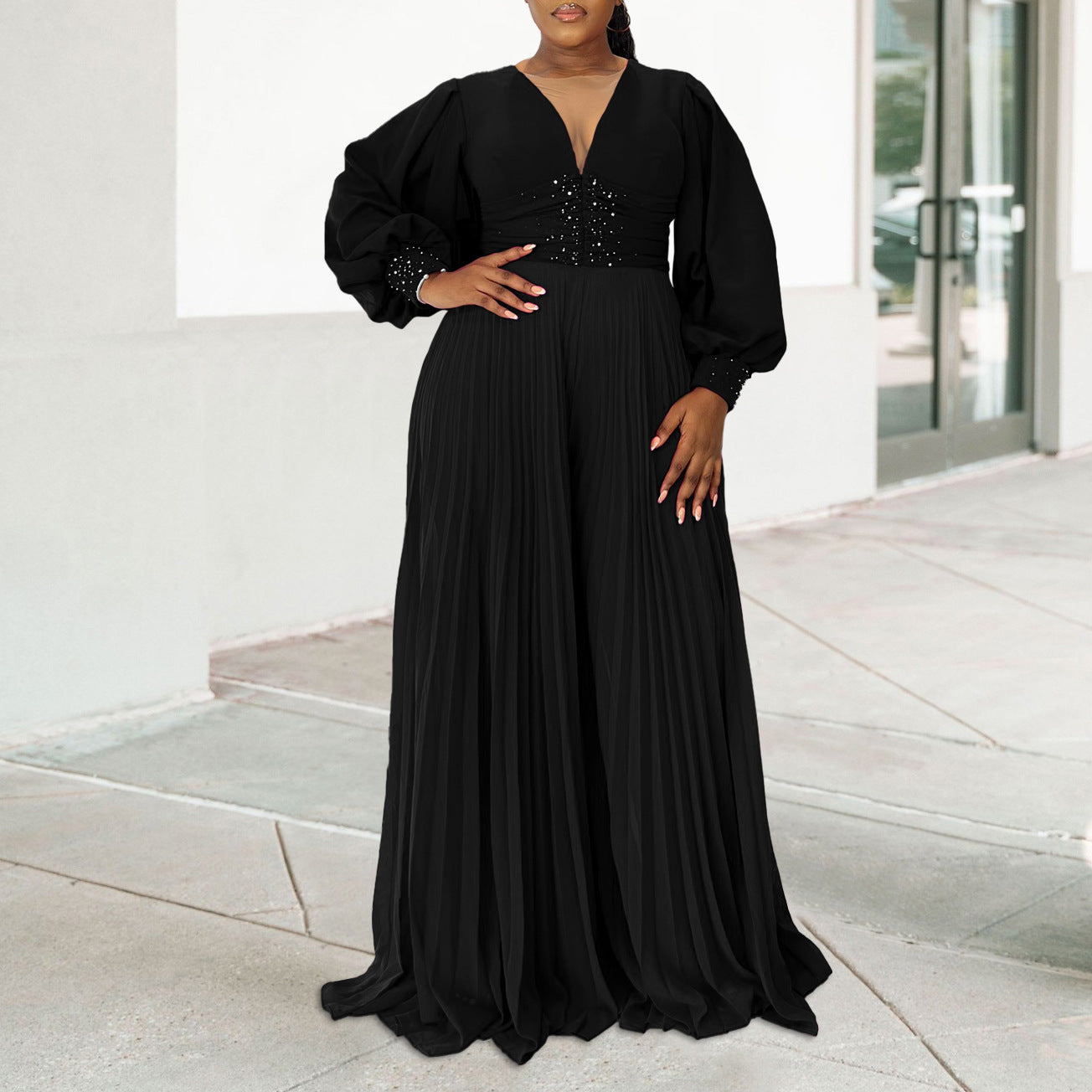 Women's Wide-leg Pleated African Jumpsuit Slightly Elastic