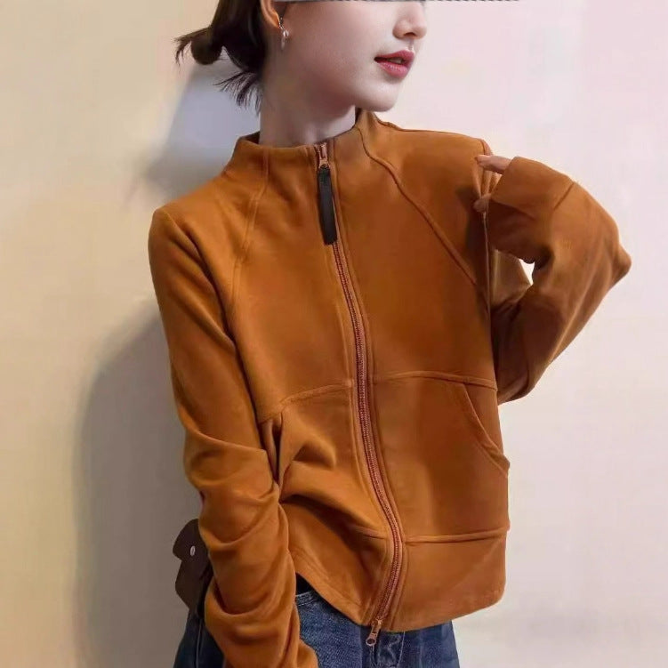 Minimalist-style Women's Hoodie With A Stand-up Collar And Double Zippers