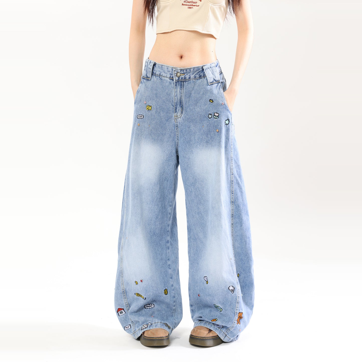 American Retro Cartoon Embroidered Machete Jeans