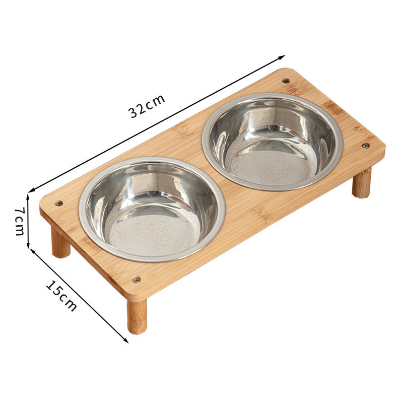 Pet Bowl Dog Food Pot Anti-tumble Large Stainless Steel Bamboo Frame Combination