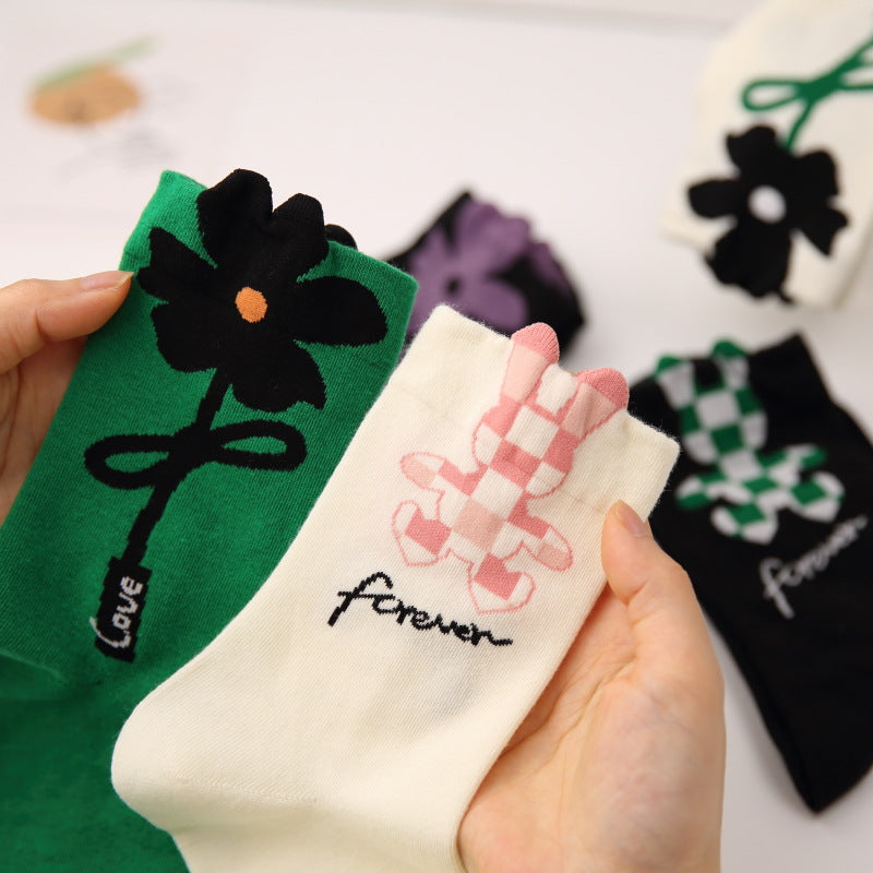 Bow three-dimensional flower cotton socks checkerboard rabbit