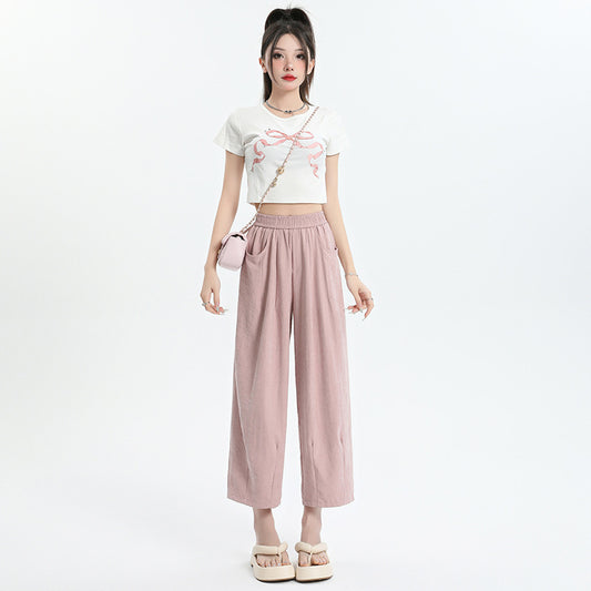 Elastic Waist High Waist Wide Leg Pants Cropped Drape Small Lazy And Loose