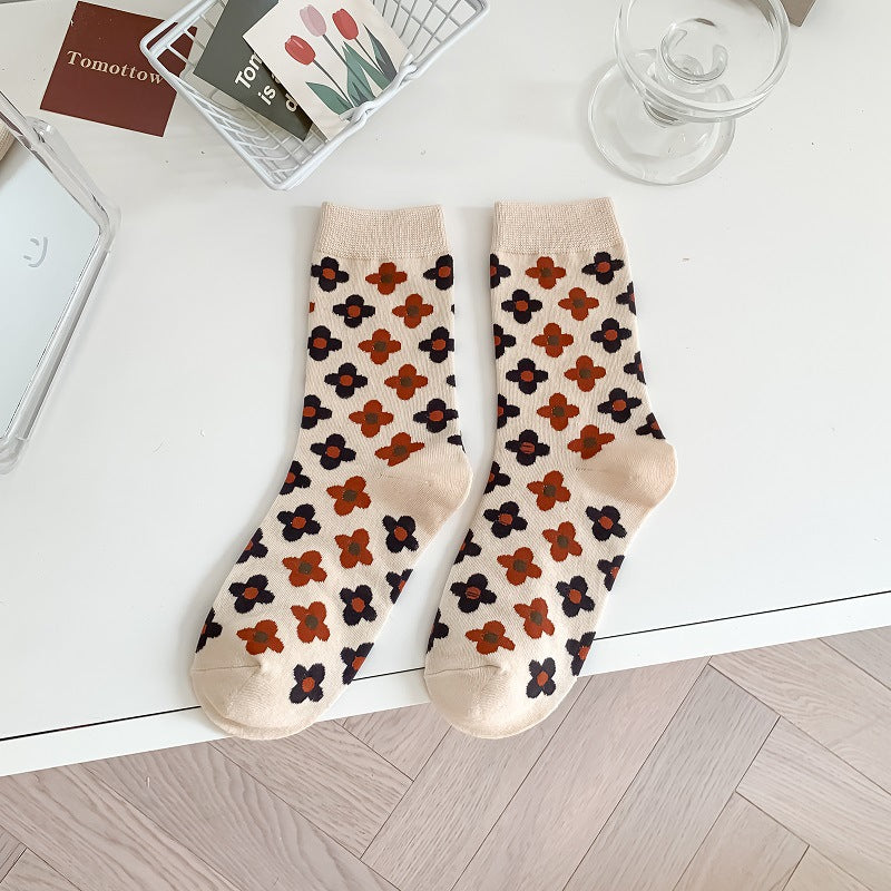 Creative And Fashionable Plaid Flower Tube Cotton Socks