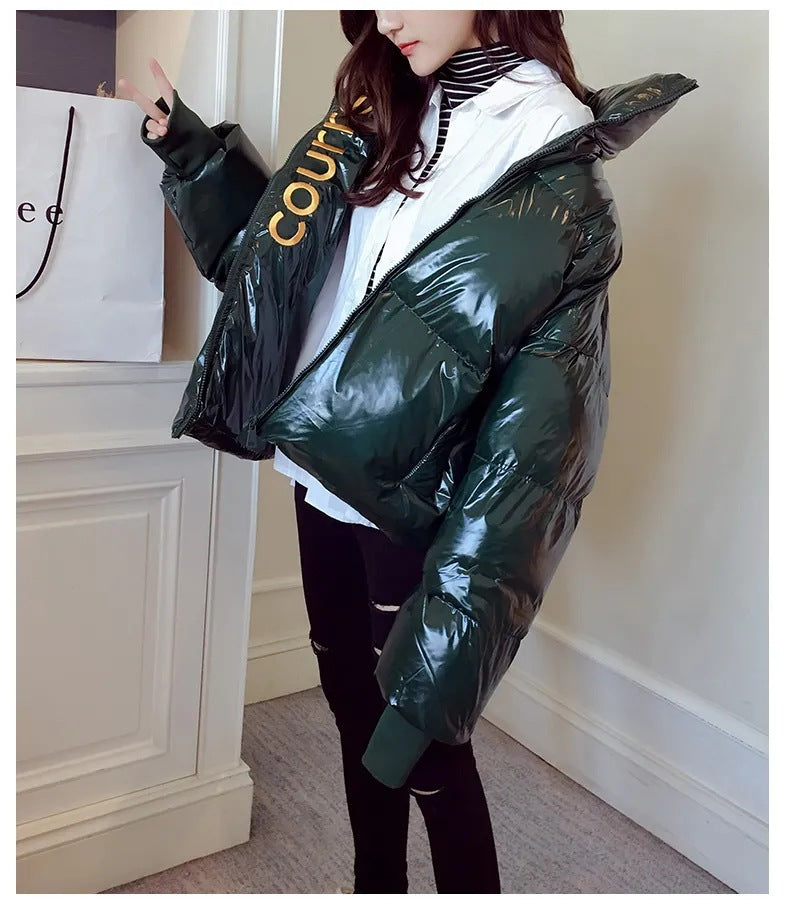 Women's Loose And Short Bright Leather Disposable Cotton Coat